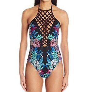 Kenneth  Cole Lattice Front One Piece Tropical Floral Tie Womans Small